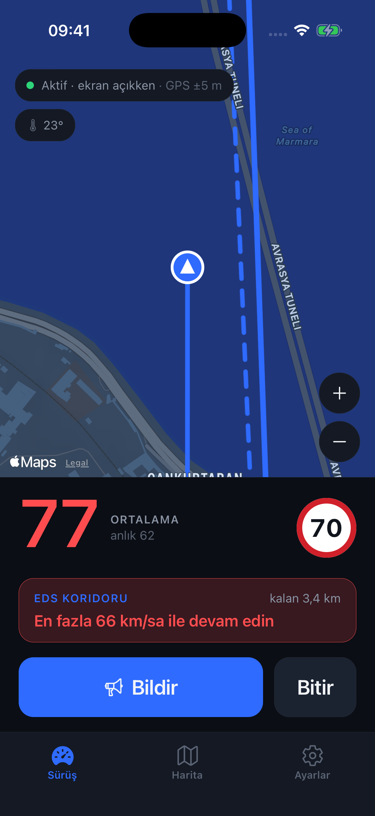 Average-speed zone: average 77, limit 70, continue at 66 km/h at most
