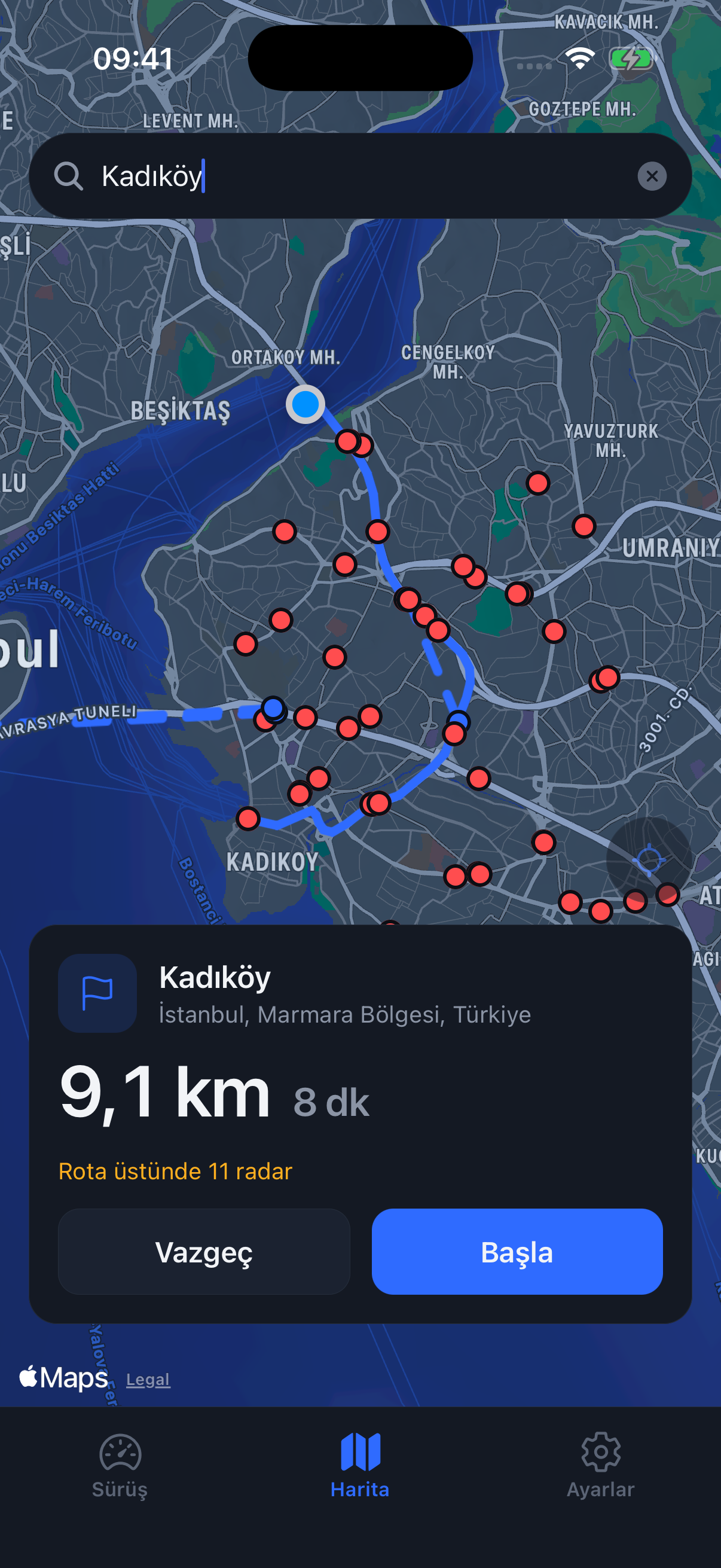Route to Kadıköy: 9.1 km, 8 minutes, 11 cameras on the route