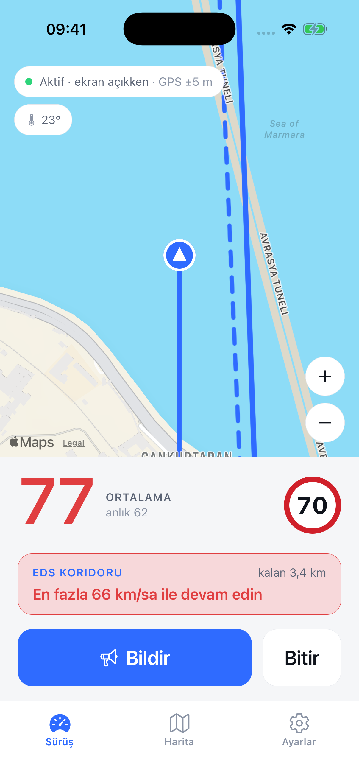 Average-speed zone: average 77, limit 70, continue at 66 km/h at most